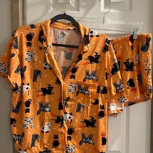 Orange Cat Print Pajama Set